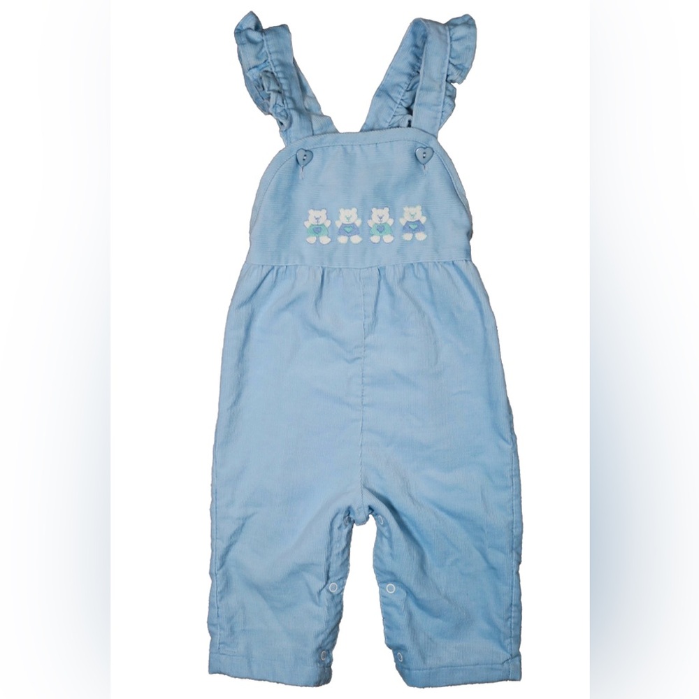 VINTAGE Healthtex Bear Embroidered Cross Back Ruffle Corduroy Overalls Size 18m